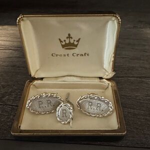 Silver Monogrammed Cufflink and Tie Clip Set with Case